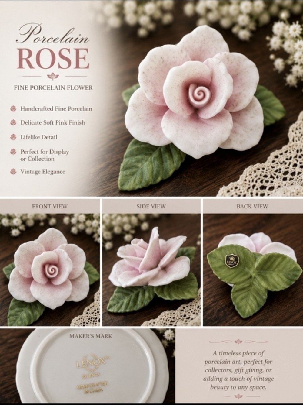 Lenox Porcelain Rose - Soft Pink with Green Leaves